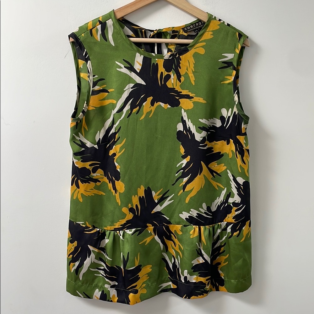 Comrags sleeveless top LARGE abstract floral leaf print green yellow